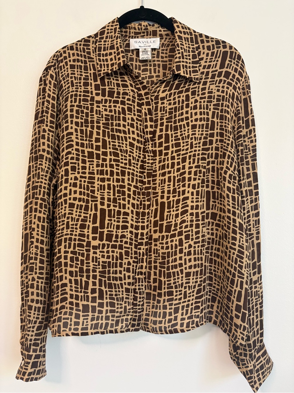 VTG Silk Saville for Nordstrom Brown Tan Geometric Abstract Blouse Sz 16